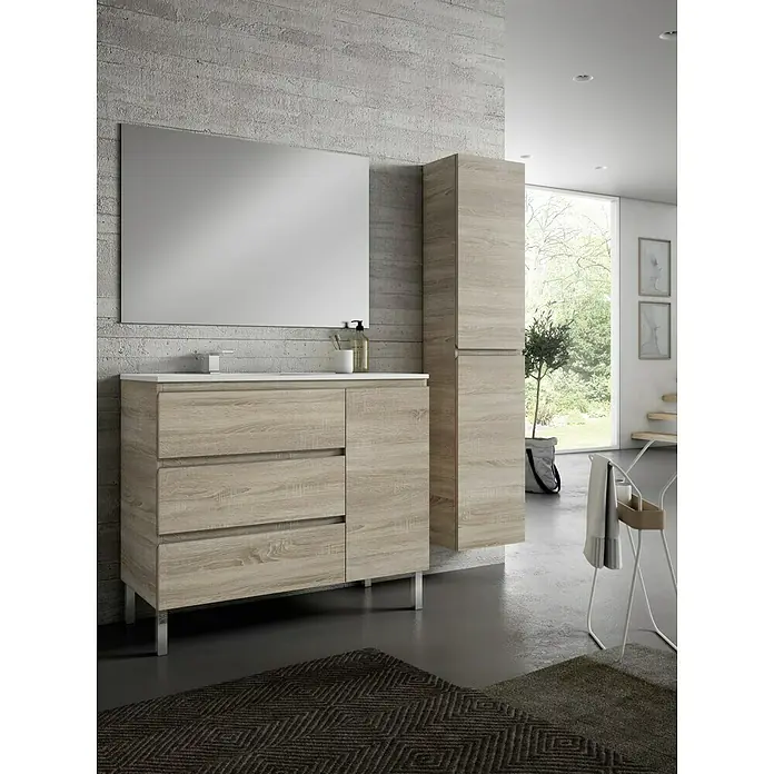 Mueble bajo de lavabo Hermes - An x Pr x Al: 100 x 45 x 85 cm, Roble - Interior de baño con mueble de lavabo de madera con espejo y armario alto de almacenamiento a juego.