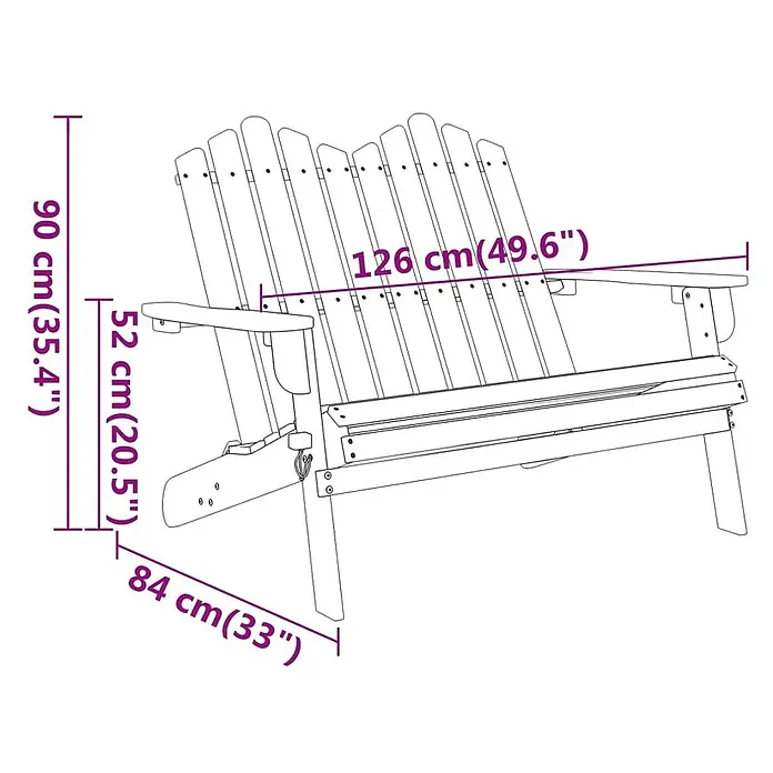 Furnicato Gartenbank Akazien-Massivholz geölt - B x T x H: 126 x 84 x 90 cm, Natur - Bemaßte Umrisszeichnung eines doppelten Adirondack-Gartenstuhls.