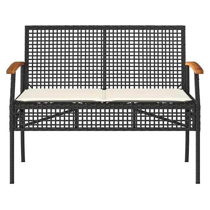 Furnicato Gartenbank PE-Rattan - B x T x H: 108 x 57 x 85 cm, Schwarz - Schwarze Polyrattan 2-Sitzer Gartenbank mit cremefarbenen Kissen und Holzarmlehnen.