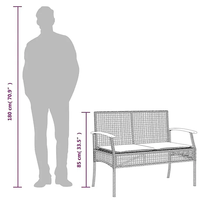 Furnicato Gartenbank PE-Rattan - B x T x H: 108 x 57 x 85 cm, Schwarz - Zweisitzige Rattan-Gartenbank mit Kissen, 85 cm hoch, daneben eine 180 cm große Person zur Skalierung.
