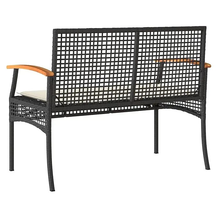 Furnicato Gartenbank - Schwarz - Dunkelgraue Rattan-Gartenbank für zwei Personen mit Holzarmlehnen und beigefarbenen Kissen.