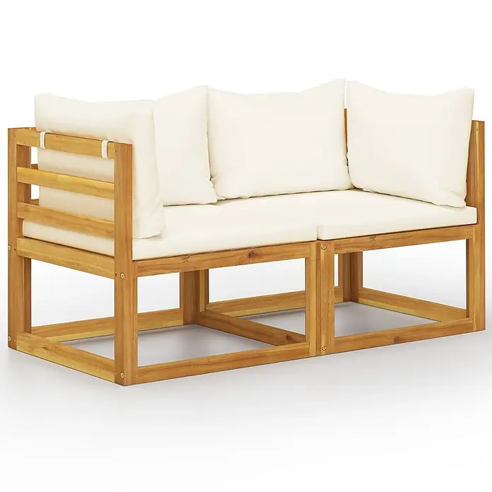 Furnicato Gartenbank - B x T x H: 70 x 70 x 60 cm, Creme - Zweisitzer-Holz-Gartensofa mit Naturholzrahmen und weißen Kissen.