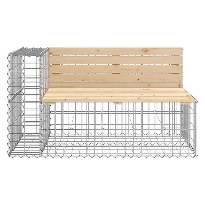 Furnicato Gartenbank Kiefernholz - B x T x H: 244 x 71 x 65,5 cm, Natürliche Kiefer - Gabionenbank mit Metallgitterkorb und Holzsitz- sowie Rückenlehne.