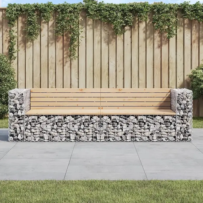 Furnicato Gartenbank Kiefernholz - B x T x H: 244 x 71 x 65,5 cm, Natürliche Kiefer - Gabionen-Gartenbank mit heller Holzsitzfläche und Rückenlehne.