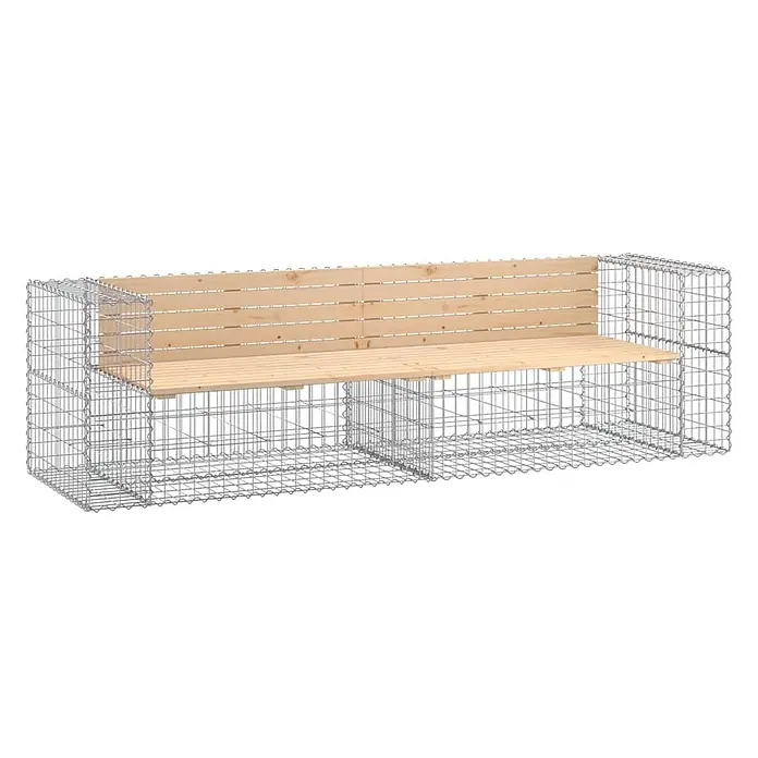 Furnicato Gartenbank Kiefernholz - B x T x H: 244 x 71 x 65,5 cm, Natürliche Kiefer - Lange Gabionenbank mit heller Holzauflage und Rückenlehne.