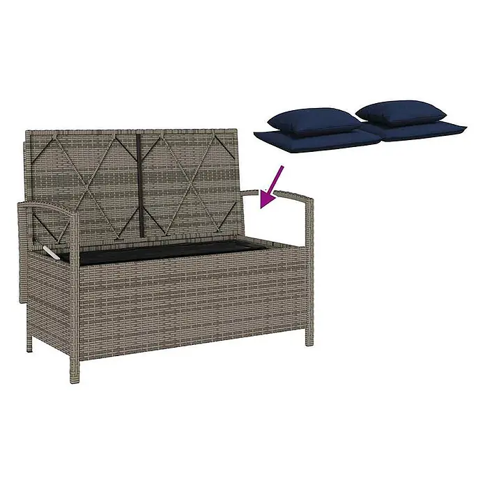 Furnicato Gartenbank - B x T x H: 111 x 56 x 87 cm, Grau und Marineblau - Graue Rattan-Sitzbank mit offenem Deckel, schwarzem Innenraum und zwei blauen Kissen.
