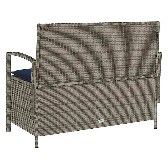 Furnicato Gartenbank PE-Rattan - B x T x H: 111 x 56 x 87 cm, Grau und Marineblau - Grau melierte Rattan-Gartenbank mit Stauraum und blauem Kissen.