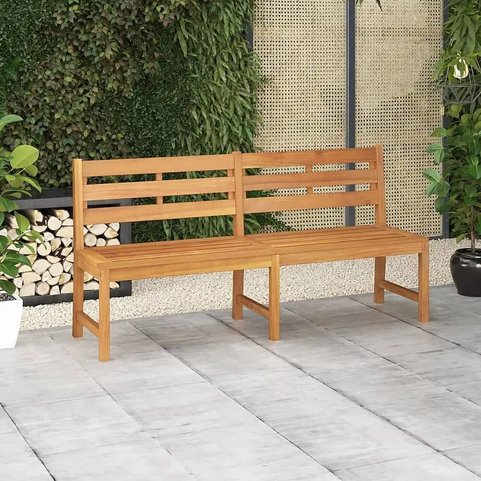 Furnicato Gartenbank Teakholz lackiert - B x T x H: 180 x 59 x 90 cm, Braun - Lange braune Gartenbank aus Holz, ideal für Sitzgelegenheiten im Freien auf einer Terrasse mit Grün.