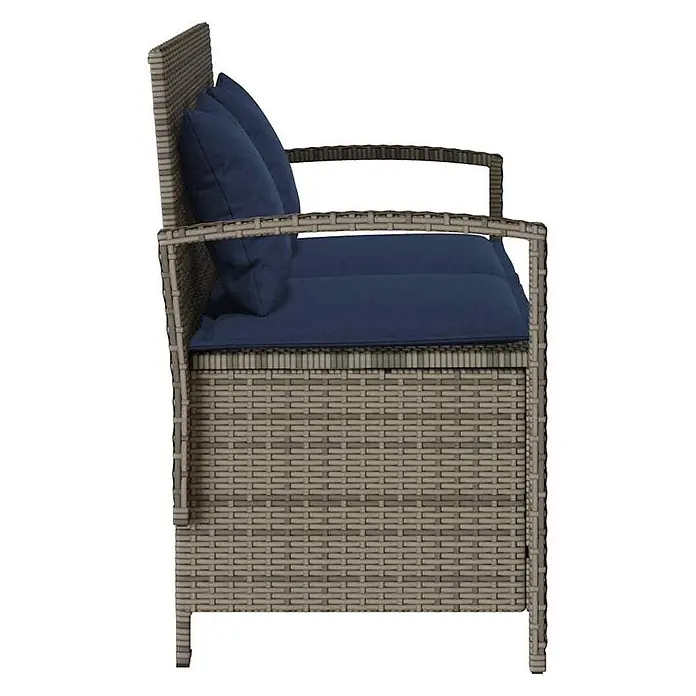 Furnicato Gartenbank PE-Rattan - B x T x H: 111 x 56 x 87 cm, Grau und Marineblau - Seitenansicht eines grauen Polyrattan-Gartensofas mit marineblauen Sitz- und Rückenkissen.