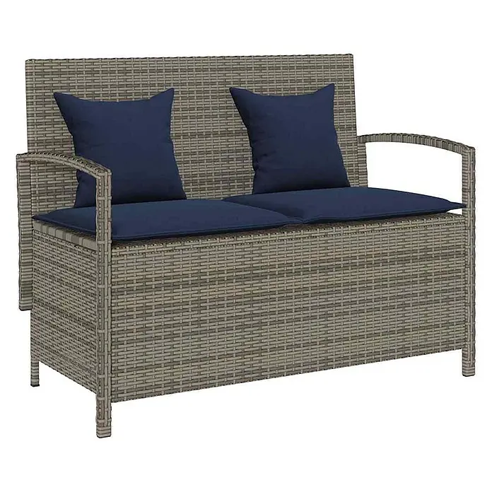 Furnicato Gartenbank PE-Rattan - B x T x H: 111 x 56 x 87 cm, Grau und Marineblau - Graue Rattan-Sitzbank mit Stauraum und dunkelblauen Sitz- und Rückenkissen.