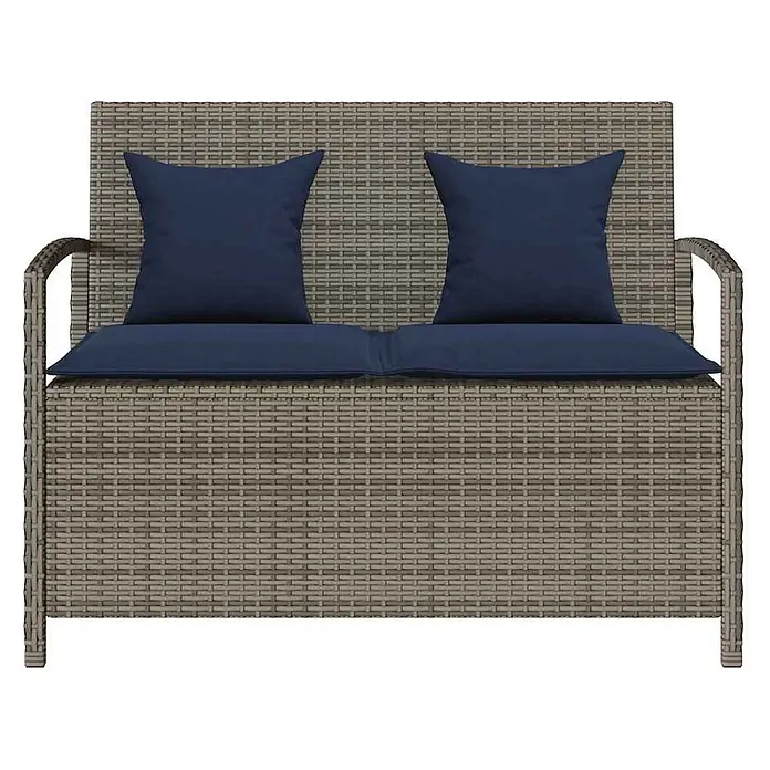 Furnicato Gartenbank PE-Rattan - B x T x H: 111 x 56 x 87 cm, Grau und Marineblau - Grau Poly-Rattan Zweisitzer Gartenbank mit dunkelblauen Sitz- und Rückenkissen.