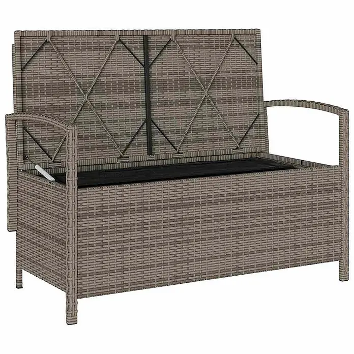 Furnicato Gartenbank PE-Rattan - B x T x H: 111 x 56 x 87 cm, Grau und Marineblau - Graue Rattan-Sitzbank mit Stauraum, Deckel offen, zeigt Innenfach.