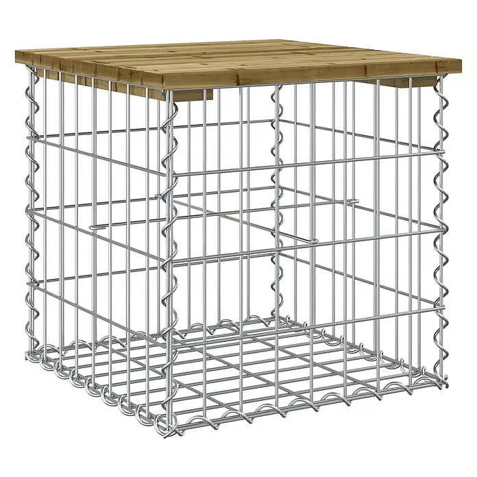 Furnicato Gartenbank Kiefernholz imprägniert - B x T x H: 43 x 44 x 42 cm, Imprägniertes Kiefernholz - Gabionenkorb aus silbernem Metallgeflecht mit einer Naturholzplatte.