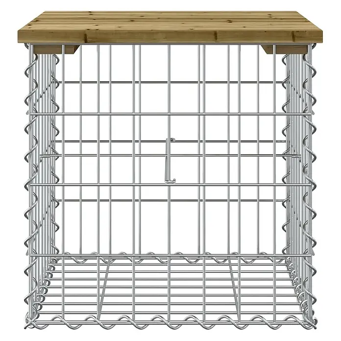 Furnicato Gartenbank Kiefernholz imprägniert - B x T x H: 43 x 44 x 42 cm, Imprägniertes Kiefernholz - Quadratischer Gabionenkorb aus silbernem Draht mit hellbrauner Holzplatte.