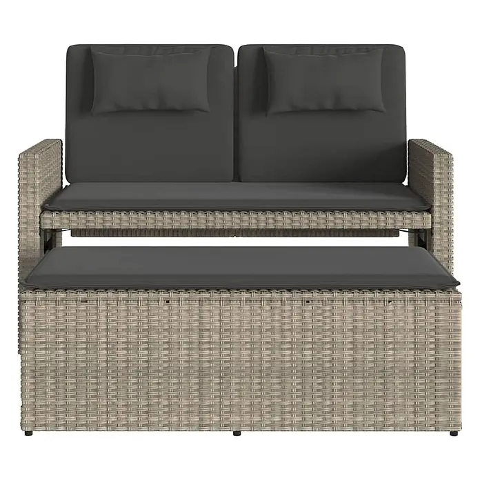 Furnicato Gartenbank - B x T x H: 58 x 58 x 83 cm, Hellgrau - Helles Rattan 2-Sitzer Gartensofa mit dunkelgrauen Kissen und ausziehbarer Fußstütze.