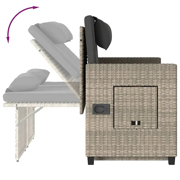 Furnicato Gartenbank - B x T x H: 58 x 58 x 83 cm, Hellgrau - Beiges Rattan-Tagesbett mit dunkelgrauen Kissen, verstellbarer Rückenlehne und Seitenstaufach.