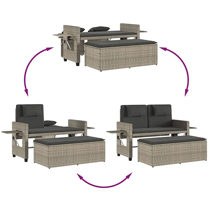 Furnicato Gartenbank - B x T x H: 58 x 58 x 83 cm, Hellgrau - Umwandelbares beiges Rattan-Gartenmöbelset mit dunkelgrauen Kissen, gezeigt als Liege, Einzelsessel und 2-Sitzer-Sofa mit Ottomane.