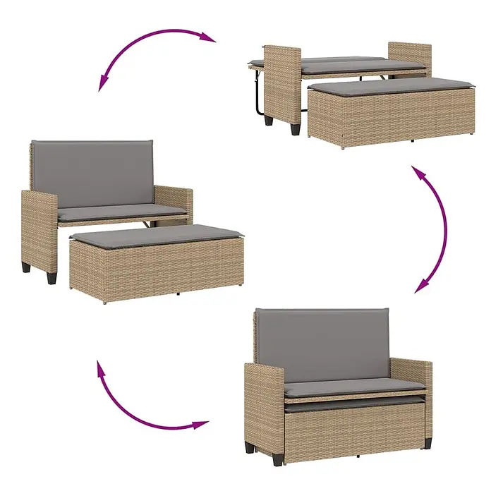 Furnicato Gartenbank PE-Rattan - B x T x H: 122 x 115 x 61,5 cm, Beige und Grau - Multifunktionales Rattan-Gartenmöbelset mit grauen Kissen, als Sofa, Tisch/Bänke & kompakte Aufbewahrung nutzbar.