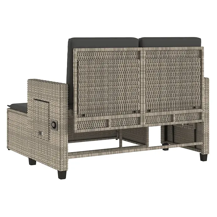 Furnicato Gartenbank - B x T x H: 58 x 58 x 83 cm, Hellgrau - Helles graues Rattan-Outdoor-Sofa mit dunkelgrauen Kissen, Rückansicht mit verstellbarem Seitenteil.