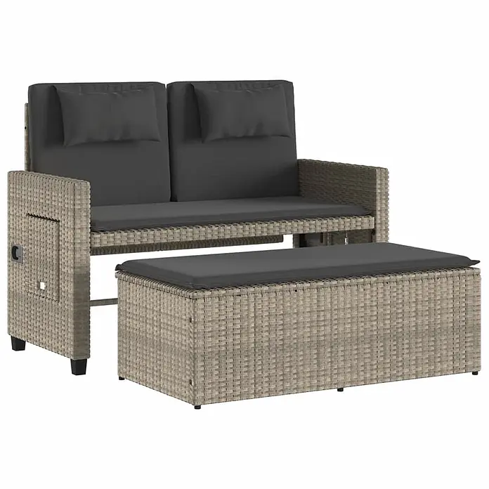 Furnicato Gartenbank - B x T x H: 58 x 58 x 83 cm, Hellgrau - Helles Rattan 2-Sitzer Gartensofa mit dunkelgrauen Kissen und passender Ottomane.