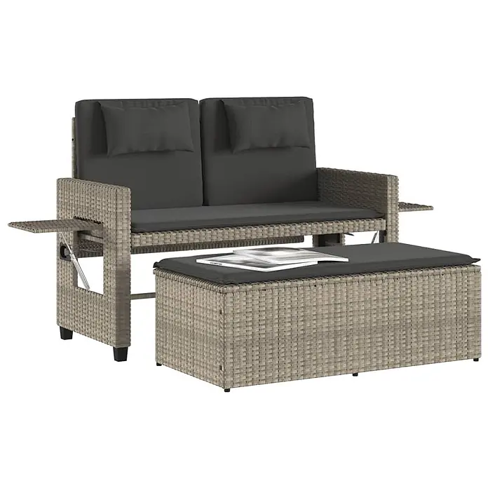 Furnicato Gartenbank - B x T x H: 58 x 58 x 83 cm, Hellgrau - Graues Rattan-Gartenset mit Zweisitzer-Sofa, ausziehbaren Tischen und passendem Hocker mit dunkelgrauen Kissen.
