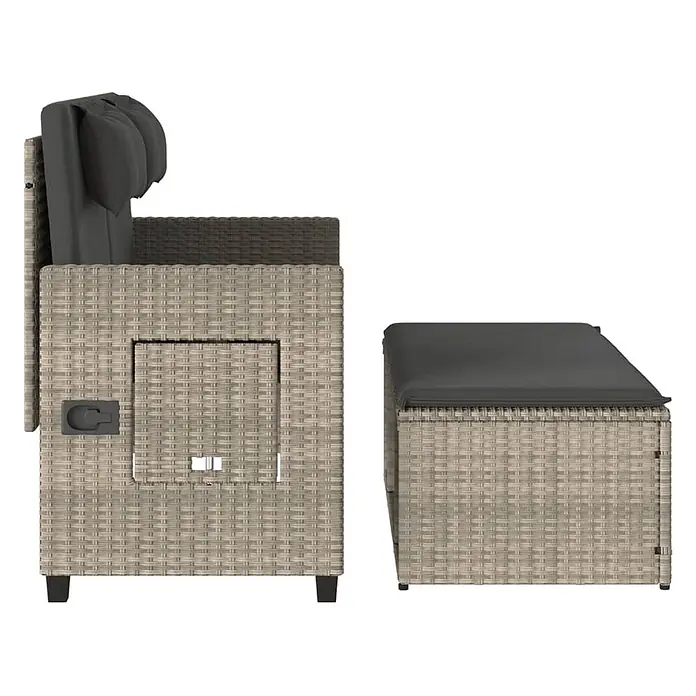 Furnicato Gartenbank - B x T x H: 58 x 58 x 83 cm, Hellgrau - Hellgrauer geflochtener Gartensessel mit dunkelgrauen Kissen und passendem Hocker.