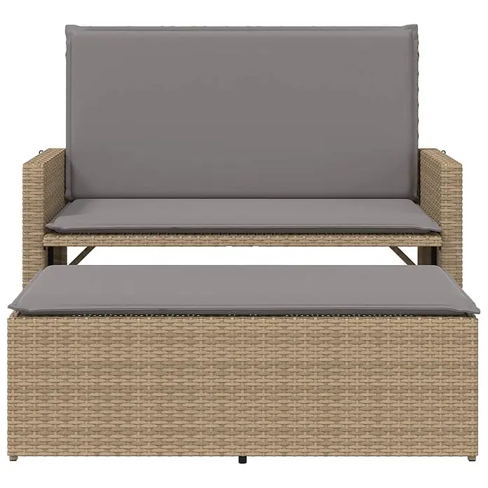 Furnicato Gartenbank PE-Rattan - B x T x H: 122 x 115 x 61,5 cm, Beige und Grau - Outdoor-Sofa-Set aus hellbraunem Polyrattan mit grauen Kissen und Ottoman.