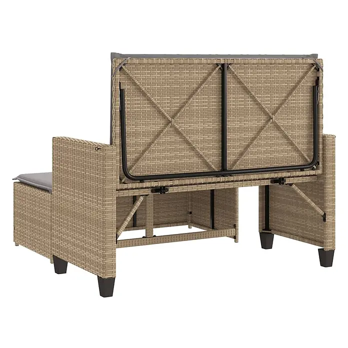Furnicato Gartenbank PE-Rattan - B x T x H: 122 x 115 x 61,5 cm, Beige und Grau - Beige Rattan-Gartenbank mit grauen Kissen, Rückenlehne heruntergeklappt, Metallrahmen sichtbar.