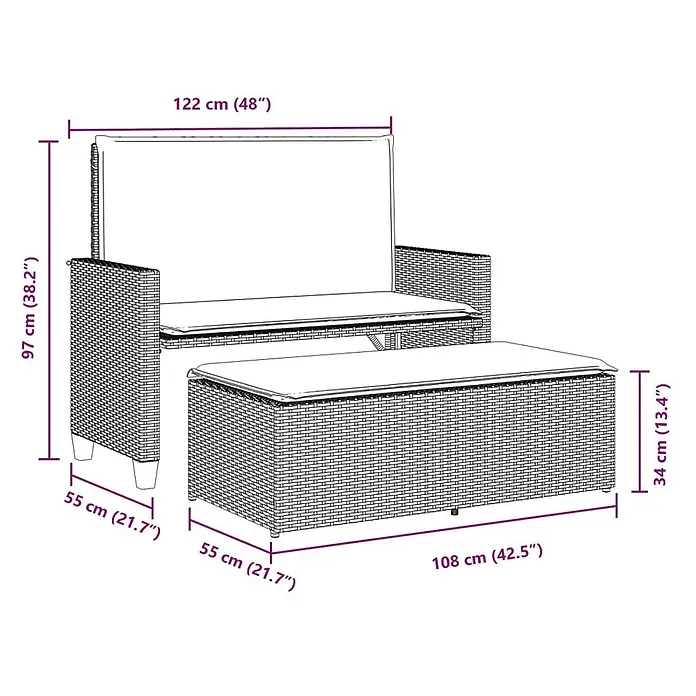 Furnicato Gartenbank PE-Rattan - B x T x H: 122 x 115 x 61,5 cm, Beige und Grau - Rattan-Gartensofa-Set mit Ottomane, hellen Kissen und Maßangaben.