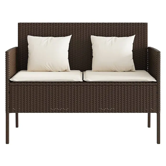 Furnicato Gartenbank PE-Rattan - B x T x H: 113 x 61 x 87 cm, Braun - Braune Rattan-Zweisitzer-Gartenbank mit cremefarbenen Sitz- und Rückenkissen.
