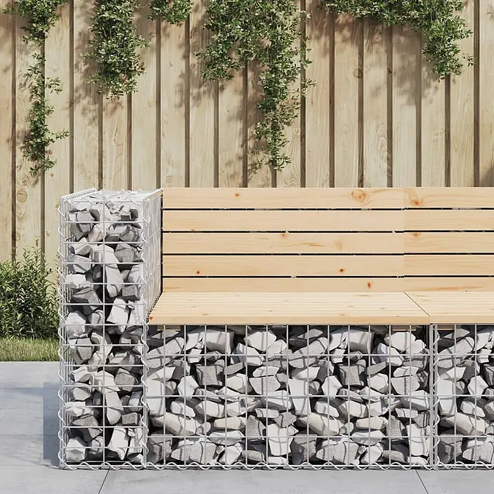 Furnicato Gartenbank Kiefernholz-Massivholz - B x T x H: 92 x 71 x 65,5 cm, Natürliche Kiefer - Gabionenbank mit heller Holzauflage und Rückenlehne, gefüllt mit grauen Steinen. Ideal für den Außenbereich.
