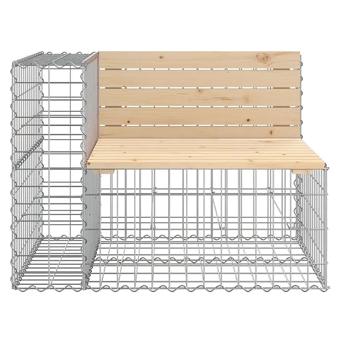 Furnicato Gartenbank Kiefernholz-Massivholz - B x T x H: 92 x 71 x 65,5 cm, Natürliche Kiefer - Gabionenbank mit heller Holz-Sitzfläche und Rückenlehne, sowie integriertem Metallgitter-Beistelltisch.