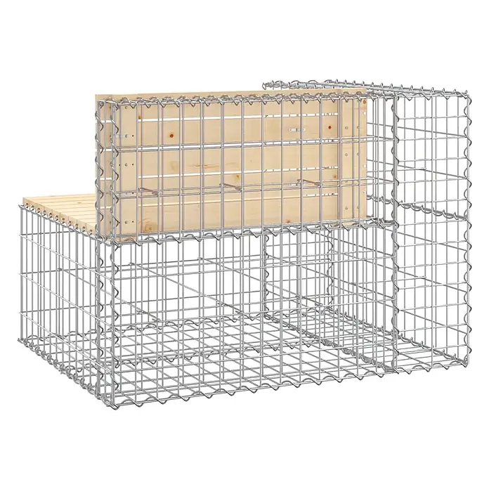 Furnicato Gartenbank Kiefernholz-Massivholz - B x T x H: 92 x 71 x 65,5 cm, Natürliche Kiefer - Gabionenbank mit heller Holzauflage und Rückenlehne, aus silbernem Metallgeflecht.