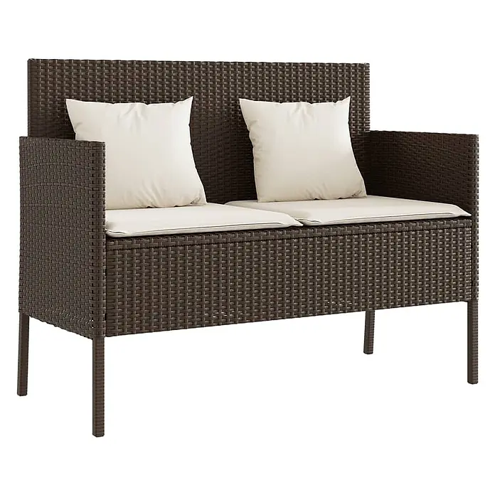 Furnicato Gartenbank PE-Rattan - B x T x H: 113 x 61 x 87 cm, Braun - Braune Rattan-Gartenbank mit zwei Sitzen und cremefarbenen Kissen.