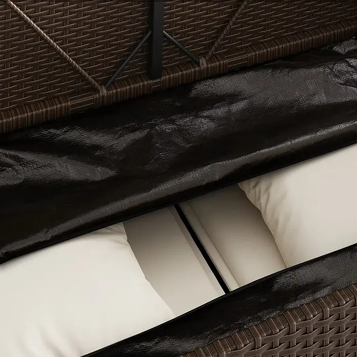 Furnicato Gartenbank - B x T x H: 113 x 61 x 87 cm, Braun - Offene braune Rattan-Aufbewahrungsbox mit schwarzer Auskleidung, cremefarbene Kissen sichtbar.