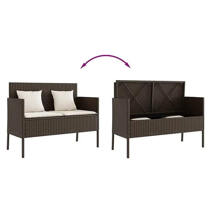 Furnicato Gartenbank - B x T x H: 113 x 61 x 87 cm, Braun - Braune Rattan-Sitzbank mit aufklappbarer Platte, geschlossen mit Kissen und offen mit Stauraum gezeigt.