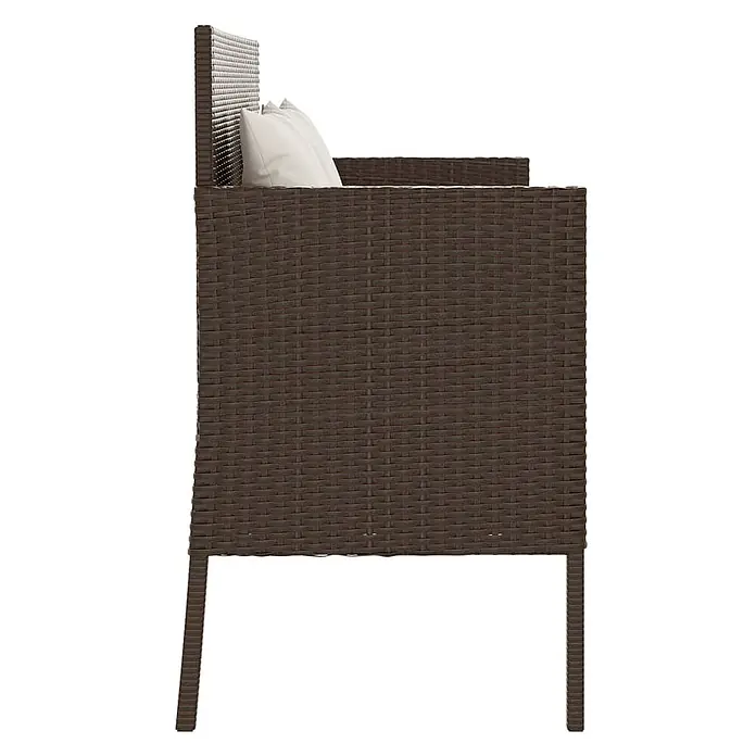 Furnicato Gartenbank - B x T x H: 113 x 61 x 87 cm, Braun - Seitenansicht eines dunkelbraunen geflochtenen Outdoor-Sofas mit weißen Kissen.