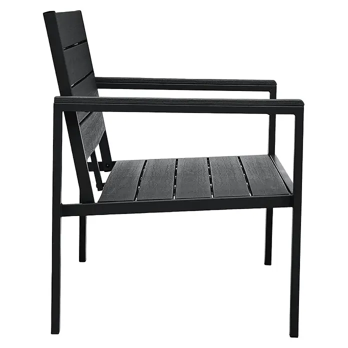 Furnicato Gartenbank HDPE Holz-Optik - B x T x H: 120 x 64 x 78 cm, Schwarz - Schwarzer Outdoor-Stuhl mit dunkelgrauen Lattenrost-Sitzfläche, Rückenlehne und Armlehnen.