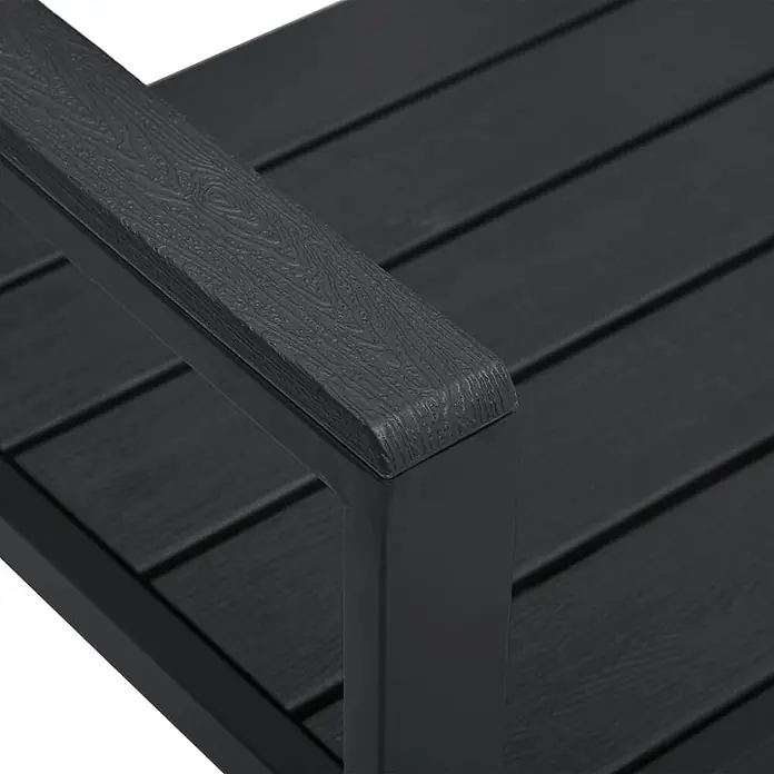 Furnicato Gartenbank HDPE Holz-Optik - B x T x H: 120 x 64 x 78 cm, Schwarz - Schwarze Outdoor-Möbelarmlehne mit strukturierter Holzmaserung und glattem Rahmen. Die Sitzfläche hat passende schwarze Latten.