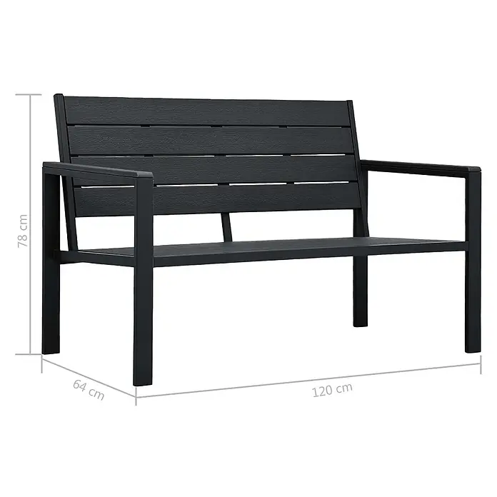 Furnicato Gartenbank HDPE Holz-Optik - B x T x H: 120 x 64 x 78 cm, Schwarz - Schwarze Gartenbank mit Lattenrücken und -sitz, Armlehnen. Maße: 120x64x78 cm.