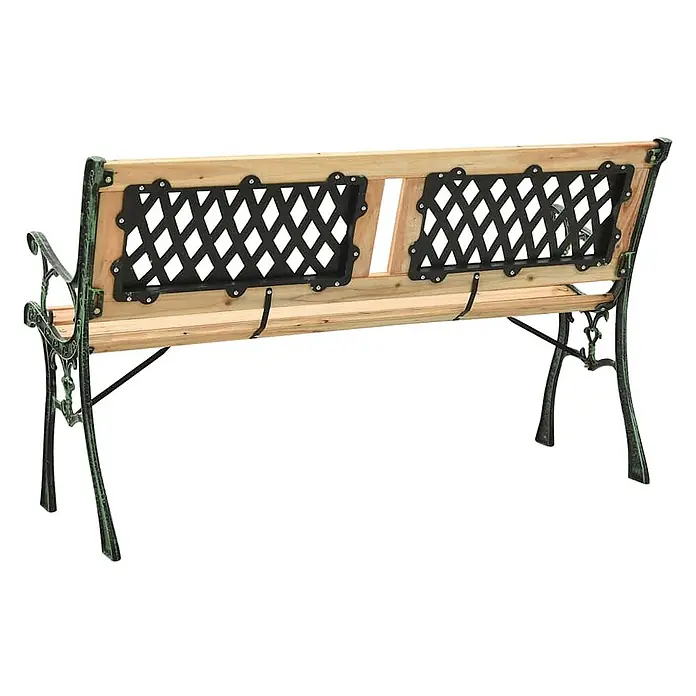 Furnicato Gartenbank Tannenholz - B x T x H: 122 x 54 x 73 cm, Grün - Gartenbank-Rückseite mit hellen Holzlatten, dunkelgrünem Gusseisengestell und schwarzen Gittereinsätzen.