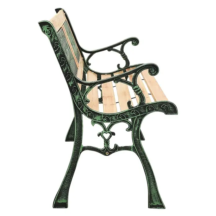 Furnicato Gartenbank Tannenholz - B x T x H: 122 x 54 x 73 cm, Grün - Grüne, patinierte Metall- und hellholzfarbene Gartenbank mit verschnörkeltem Rahmen und Herzdetail.