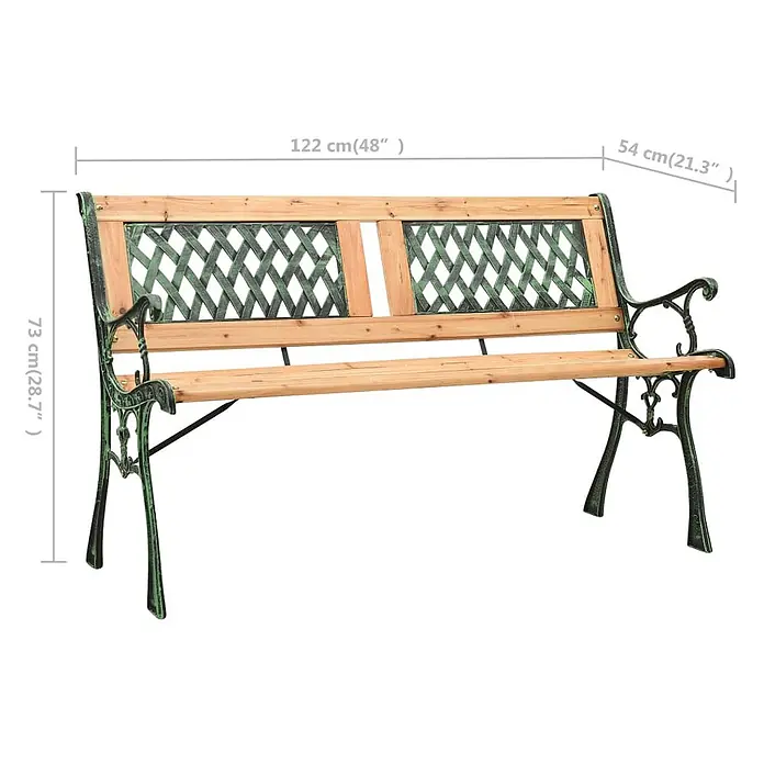 Furnicato Gartenbank Tannenholz - B x T x H: 122 x 54 x 73 cm, Grün - Gartenbank mit natürlichen Holzlatten und einem verzierten grün-patinierten Gusseisengestell.