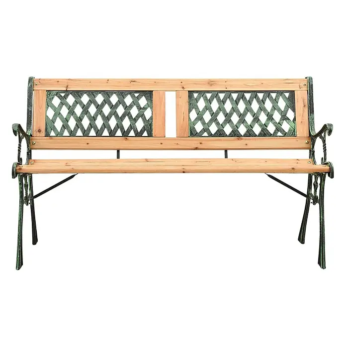Furnicato Gartenbank Tannenholz - B x T x H: 122 x 54 x 73 cm, Grün - Gartenbank mit natürlichen Holzlatten für Sitzfläche, hölzernem Rückenlehnengestell mit grün patiniertem Metallgitter, passenden Metallarmlehnen und Beinen.