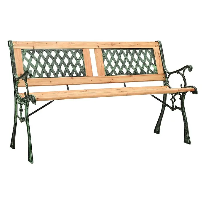 Furnicato Gartenbank Tannenholz - B x T x H: 122 x 54 x 73 cm, Grün - Gartenbank mit hellem Holzsitz und Rückenlehne sowie dunkelgrünem Metallrahmen mit Gitterverzierung.