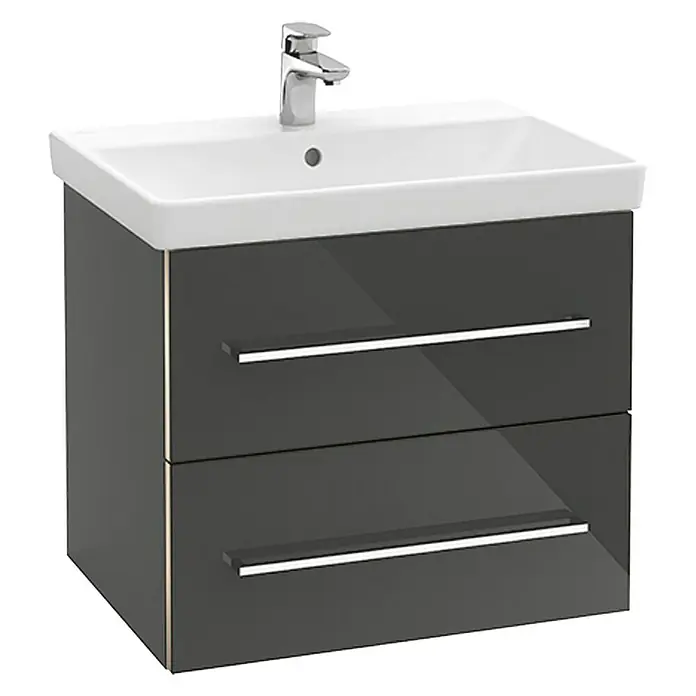 Villeroy & Boch Avento Waschtisch - 65 x 47 cm, Ohne Spezialglasur, Hahnloch: Mitte, Mit Überlauf, Weiß - Modernes Waschbecken mit Unterschrank in Grau und zwei Schubladen mit Griffen. Ideal für jedes Badezimmer.
