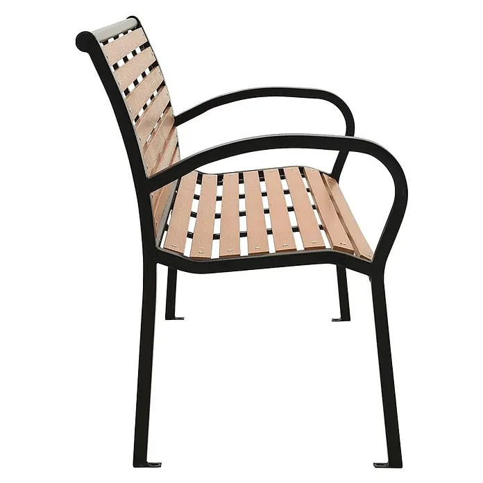 Furnicato Gartenbank WPC - B x T x H: 116 x 59 x 81 cm, Braun - Outdoor-Sitzbank mit schwarzem Metallgestell und hellbrauner Lattenrost-Sitzfläche und Rückenlehne.