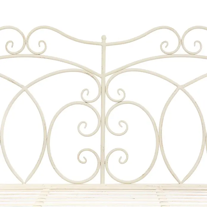 Furnicato Gartenbank Schmiedeeisen Antikweiß - B x T x H: 104 x 83 x 89 cm, Weiß - Verzierter cremefarbener Metallbettrahmen mit filigranen Schnörkeln und sichtbarem Lattenrost.