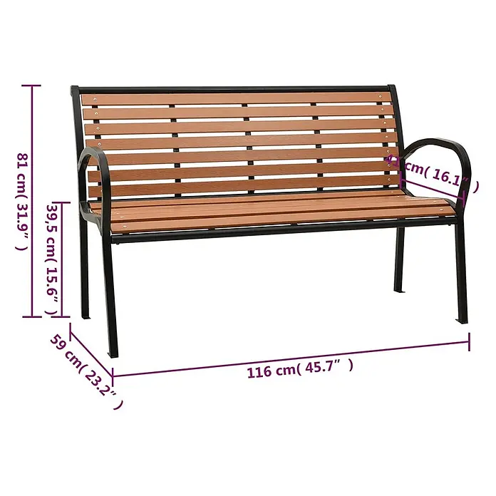 Furnicato Gartenbank WPC - B x T x H: 116 x 59 x 81 cm, Braun - Braune Lattenparkbank mit schwarzem Metallrahmen, geeignet für den Außenbereich.