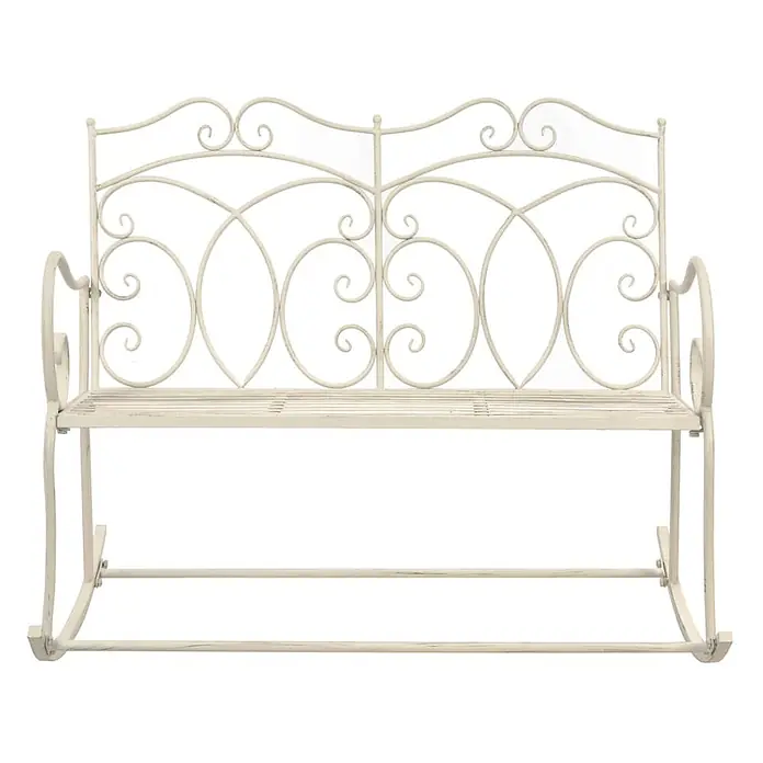 Furnicato Gartenbank Schmiedeeisen Antikweiß - B x T x H: 104 x 83 x 89 cm, Weiß - Cremefarbene, verzierte Metall-Schaukelbank mit geschwungener Rückenlehne und Armlehnen.
